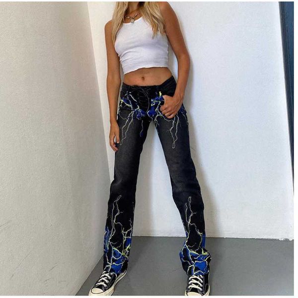 

women's pants & capris autumn spring women jeans style mid waist fashion slimming drawstring street casual female straight print, Black;white