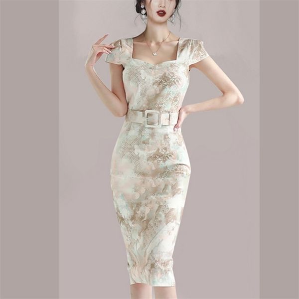 

vintage elegant print pencil dress women's summer fashion office ol square collar bodycon slim waist party dresses vestidos 210519, Black;gray