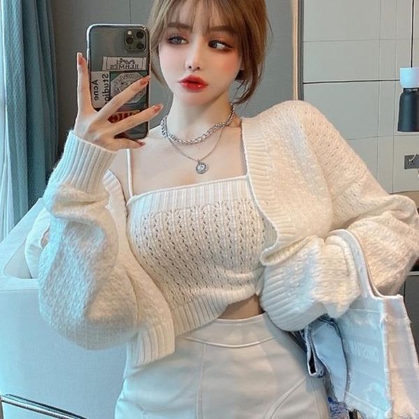 

autumn sweat suits women long sleeve knitted cardigan coat + short sweater sling two piece set ensemble femme women's pants, White