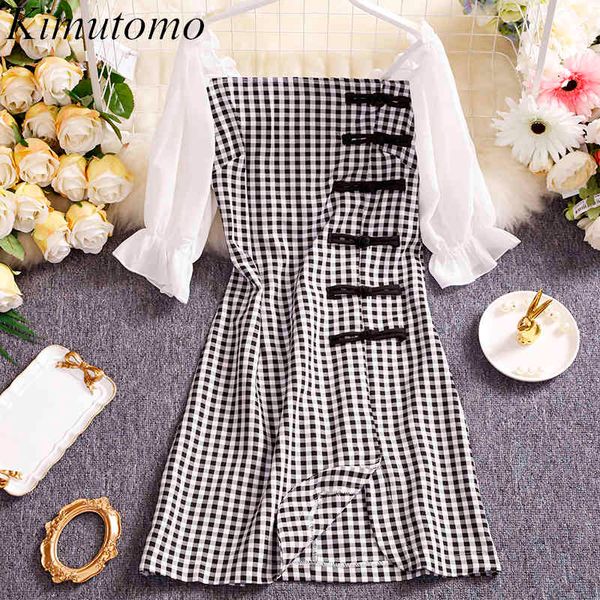 

kimutomo vintage square collar plaid mini dress women french style spring autumn puff short sleeve split vestido feminino 210521, Black;gray