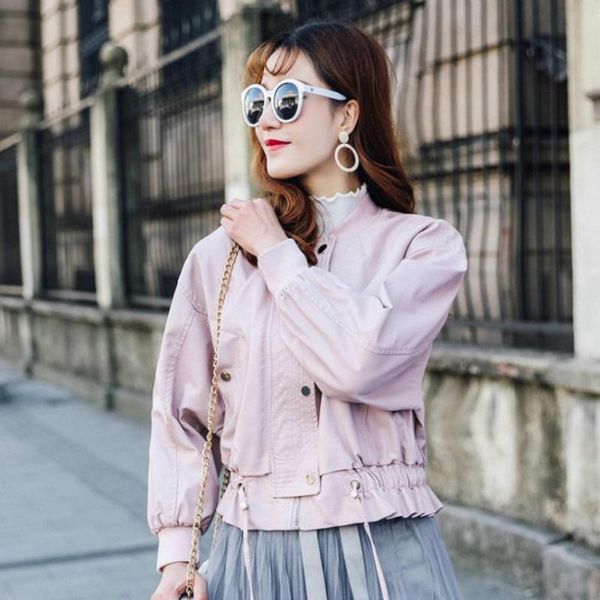 

women's leather & faux ruffles patchwork slim women pu jackets coats 2021 spring autumn fashion standing collar female outerwear gx811, Black