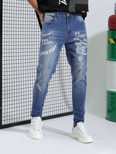 

men letter graphic ripped tapered jeans p45m#, Blue