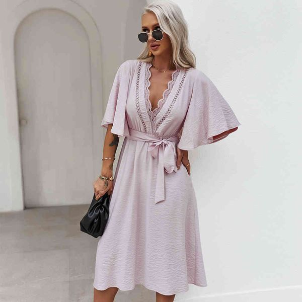 

jastie spring summer dress women ruffle sleeve patchwork lace v-neck dress belt waist casual midi dress boho vestidos 210419, White