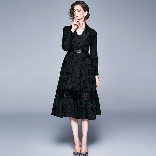 

women's jacquard dress autumn winter retro temperament turn-down collar bow lace a-line bandage ess female jp148 210506, Black;gray
