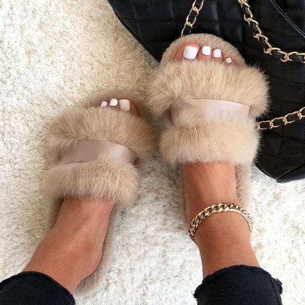 

slippers real fur fluffy flip flops furry slides designer plush cute ladies cozy flat sandals women shoes, Black