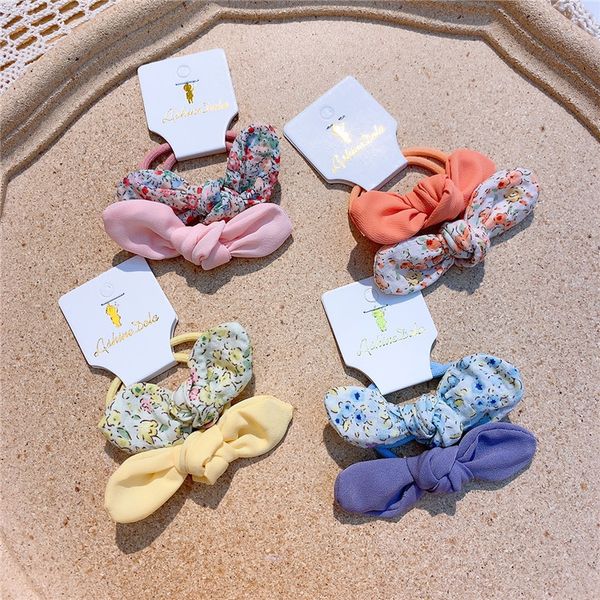 

2 pcs fashion children's hair accessories sweet girl simple fresh floral fabric adjustable rabbit ears rubber band hair rope, Slivery;white