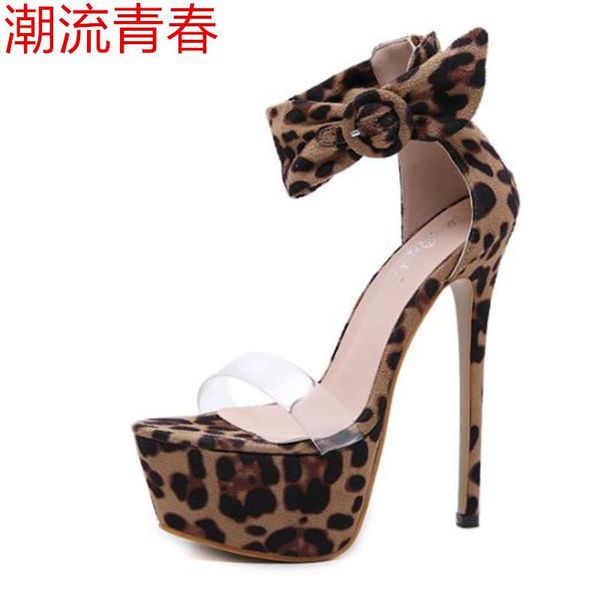 

women summer 16cm ultra high heels leopard print sandals 2021 fashion shoes woman pvc open toe pumps, Black