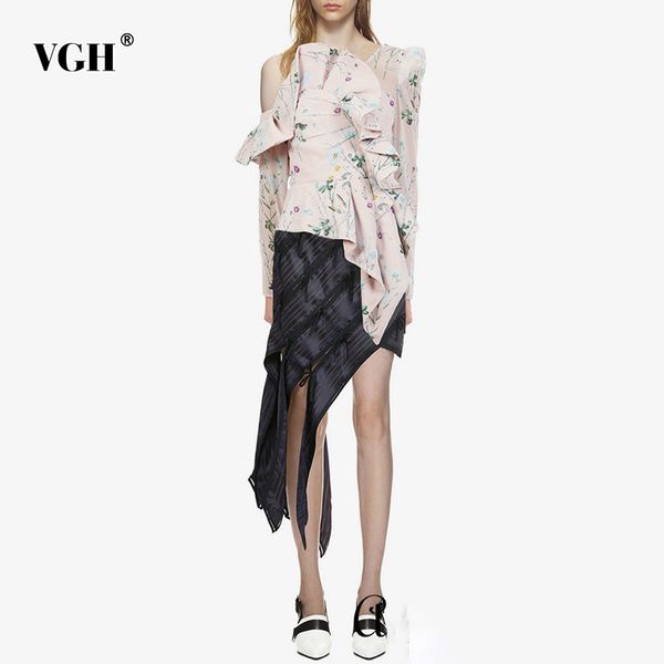 

vgh patchwork print shirt for women skew collar puff long sleeve asymmetrical slim ruffles shirts female fashion summer 210421, White