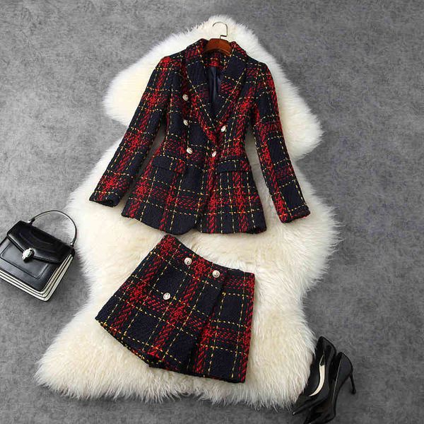 

women's tracksuits fall long sleeve notched-lapel red plaid tweed double-breasted blazers + buttons short shorts two piece suits 2 piec, Gray