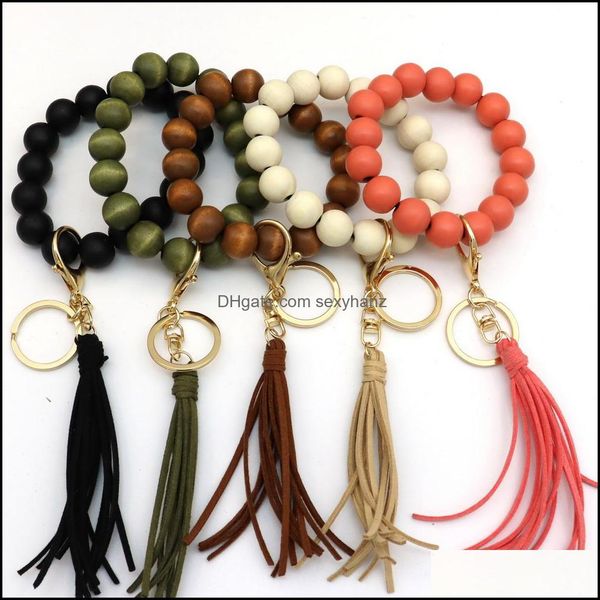 

keychains fashion aessories personalized handmade wholesale green black wood beaded keyring trendy large wooden beads elastic bracelet tasse, Silver
