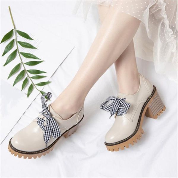 

dress shoes pxelena vintage punk women chunky block square high heels pumps plaid riband lace up office lady daily plus size 34-43, Black