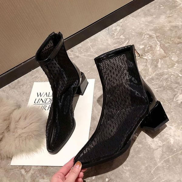 

boots brand design round toe knee high women fashion mesh leather thick heel long 2021 summer shoes black