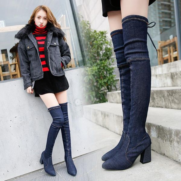 

boots 2021 jean elasticity high-heeled winter antiskid female lady long shoes thigh high over knee lace-up 35-40, Black