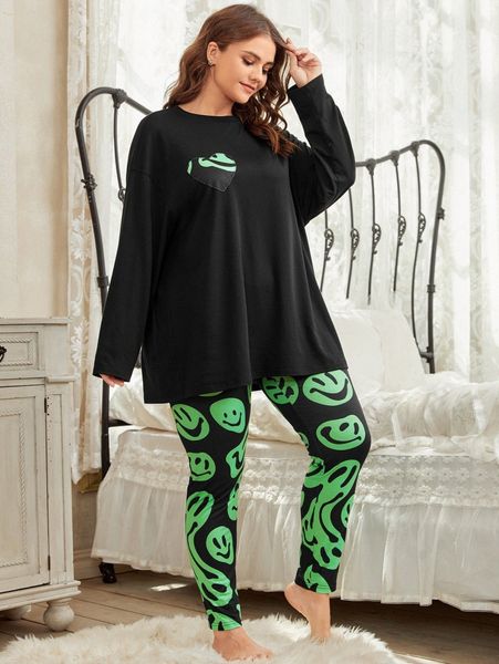 

plus cartoon graphic drop shoulder tee & leggings pj set u3ae#, Black;white