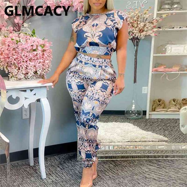 

two pieces sets women short sleeve printed & bodycon pants 210709, White