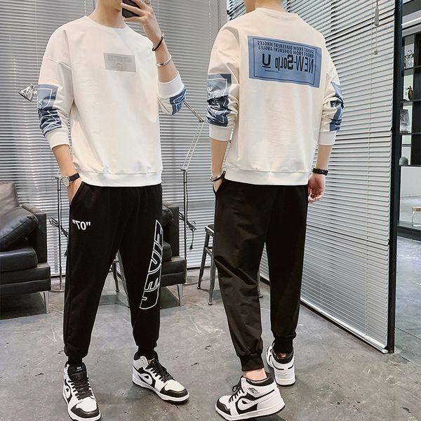 

autumn casual 2021 suit fashion brand wear youth loose men's sweater two-piece set, Black