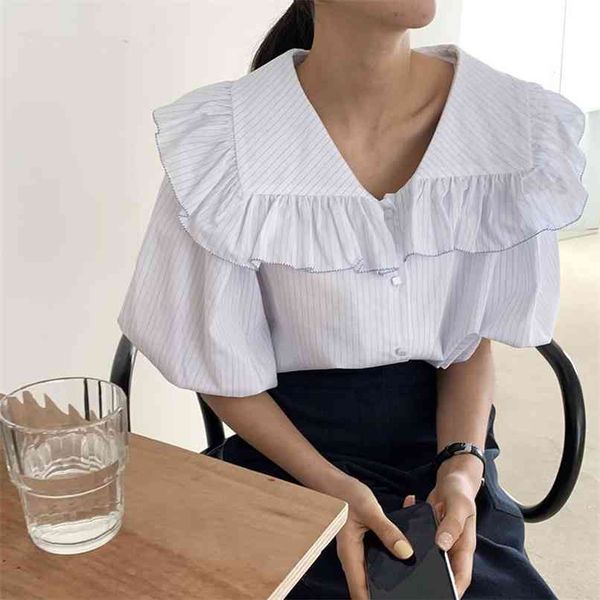 

french white big turn-down collar prom shirts women vertical striped office chic loose sweet blouse 210601