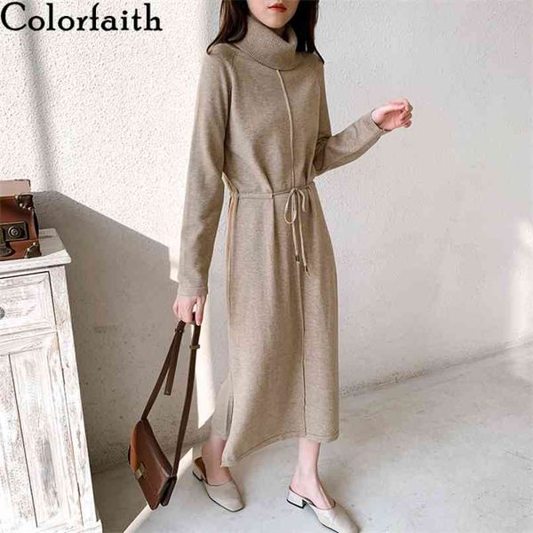 

autumn winter women dresses turtleneck drawstring oversize korean split knitted elegant long dr1029 210427, White;black