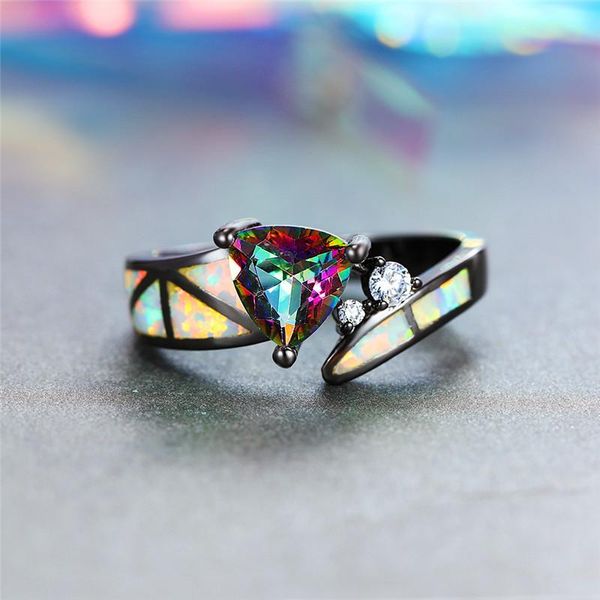 

cluster rings charm female rainbow colorful triangle ring vintage black gold wedding for women promise white fire opal engagement, Golden;silver