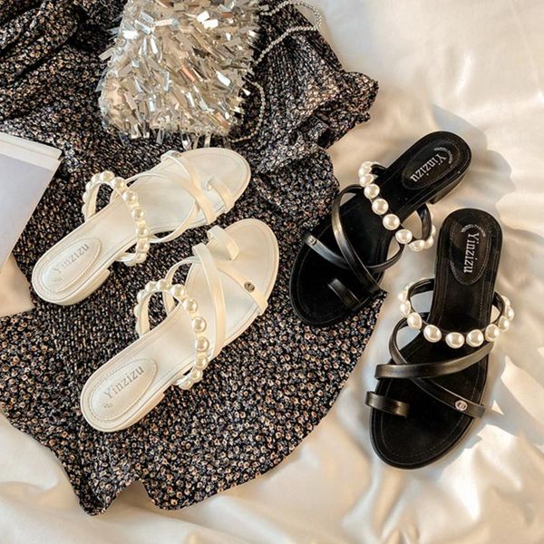 

sandals slippers women's summer wear 2021 pearl set toe cool half-drag fairy style leather women flat bottom, Black