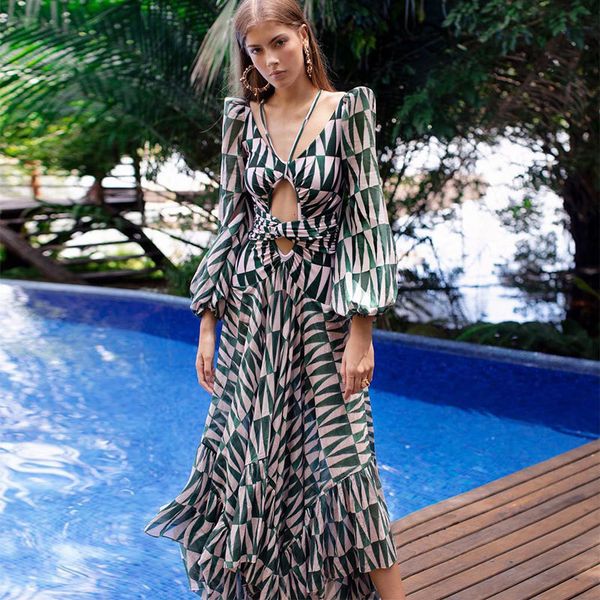 

vintage geometric print bikini cover-ups cross open back long sleeve summer dress women beach wear swim suit cover up a888 210420, White;black