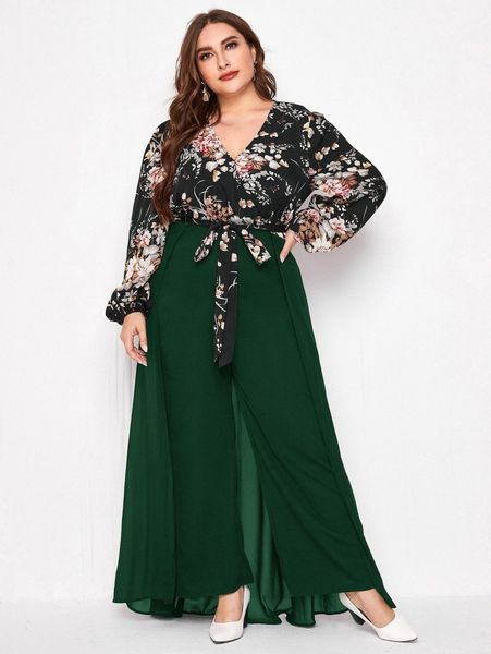 

plus floral print lantern sleeve wide leg jumpsuit with skirt 72io#, Black
