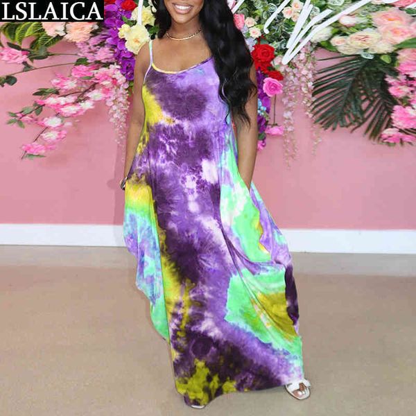 

wholesale items fashion suspender dress women tie dye print plus size streetwear party summer robe de plage 210520, Black;gray