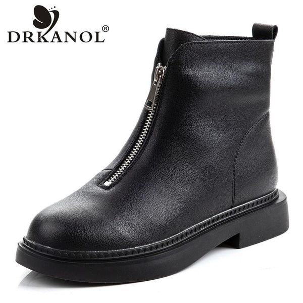 

boots drkanol fashion genuine leather women 2021 winter warm shoes front zipper flat heel round toe casual ankle female, Black