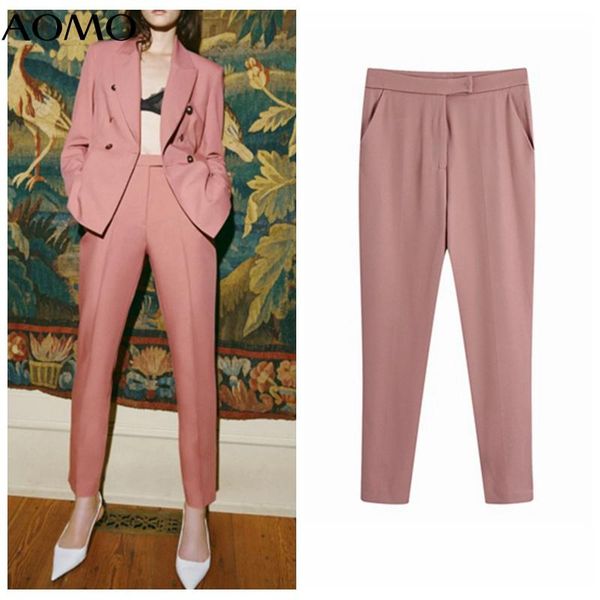 

women's pants & capris aomo 2021 fashion women pink suit trousers pockets office lady elegant pantalon ce345a, Black;white