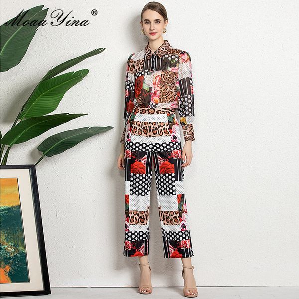 

fashion designer summer floral print vintage set women long sleeve loose shirts and midi pants two pieces suit 210524, White