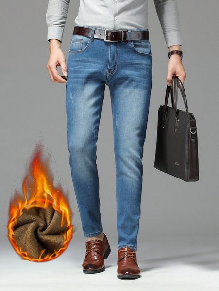 

men cat scratch washed thermal jeans h12k#, Blue