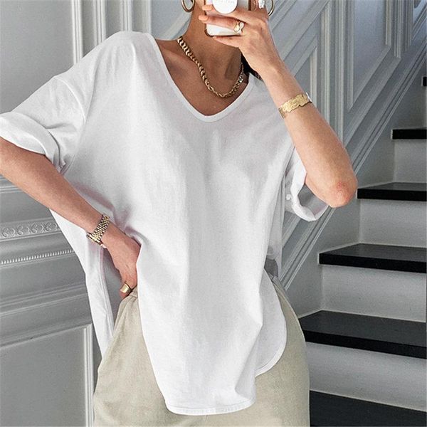 

hzirip minimalist summer loose cotton short sleeves 2021 casual all match stylish femme solid brief chic t-shirts women's t-shirt, White