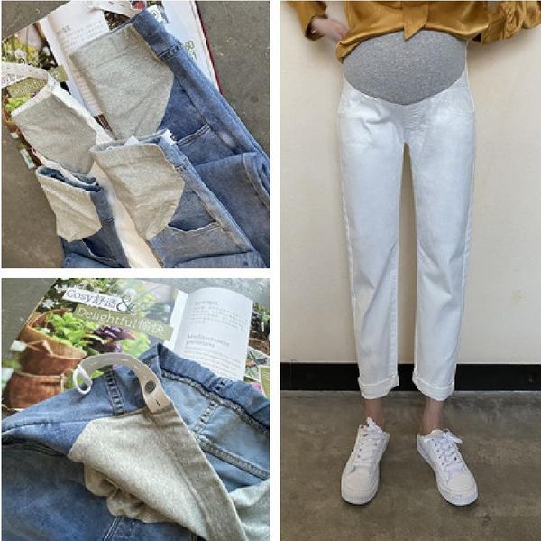 

vintgae washed denim maternity jeans for pregnant women clothes elastic waist belly loose pants 2021 pregnancy gravidas clothing bottoms, White