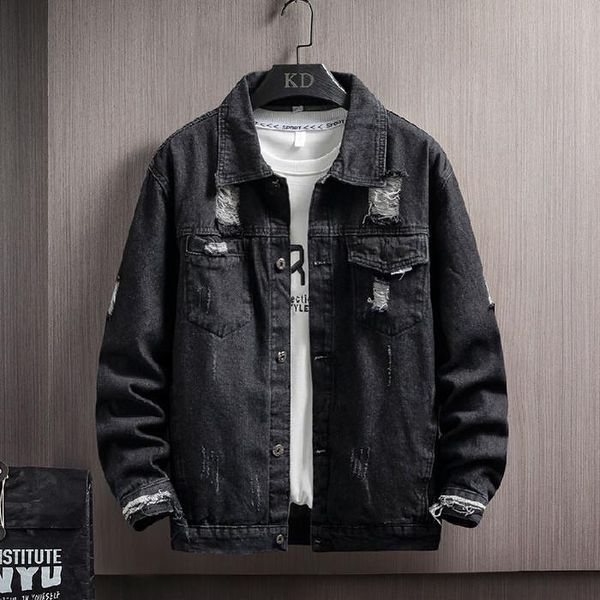 

men's jackets 2021 grey black jeans jacket men slim streetwear ripped denim hoodie hip hop bomber homme autumn, Black;brown