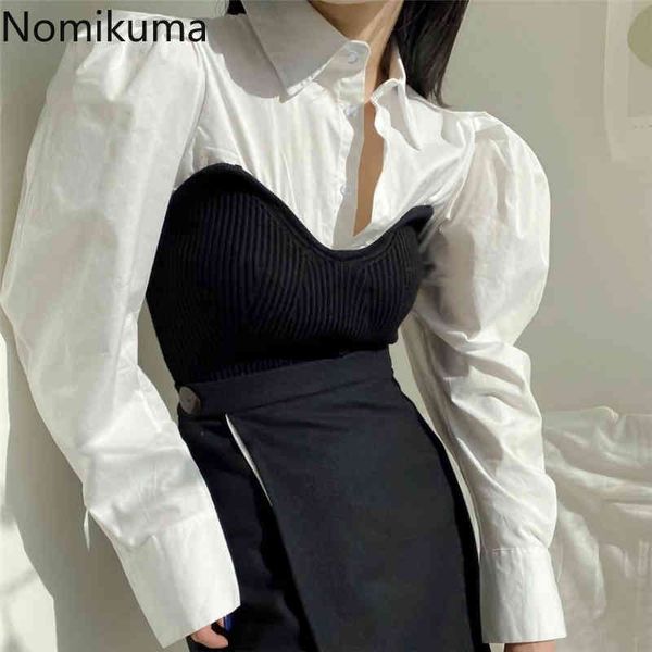 

nomikuma spring korean knitted patchwork women blouse slim elegant puff sleeve turn-down collar blusas shirt femme 6f145 210427, White