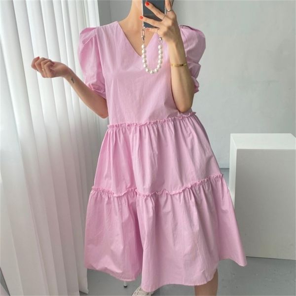 

v neck beach ruffles puff sleeve boho long dress for womens summer vintage casual vestidos puff sleeve a-line es 210508, Black;gray