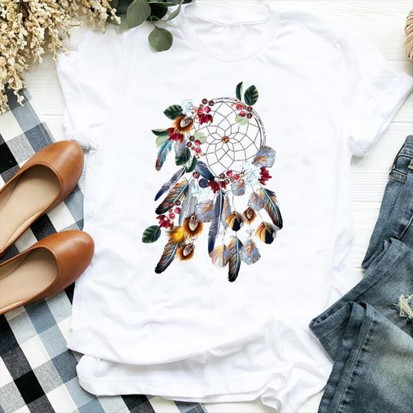

feather 90s vintage fashion womens casual floral print tee clothes graphic, White