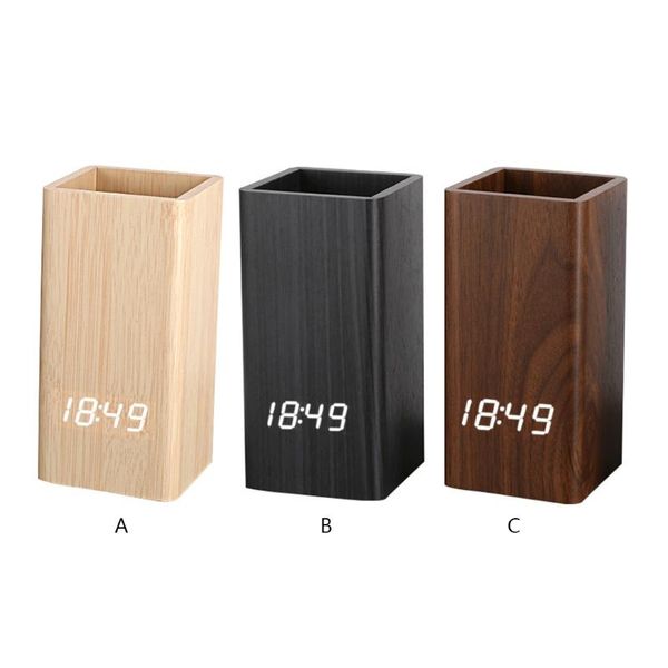 

desk & table clocks 594c voice control digital wooden pen holder alarm clock creative student deskusb/battery operated led pencil organi