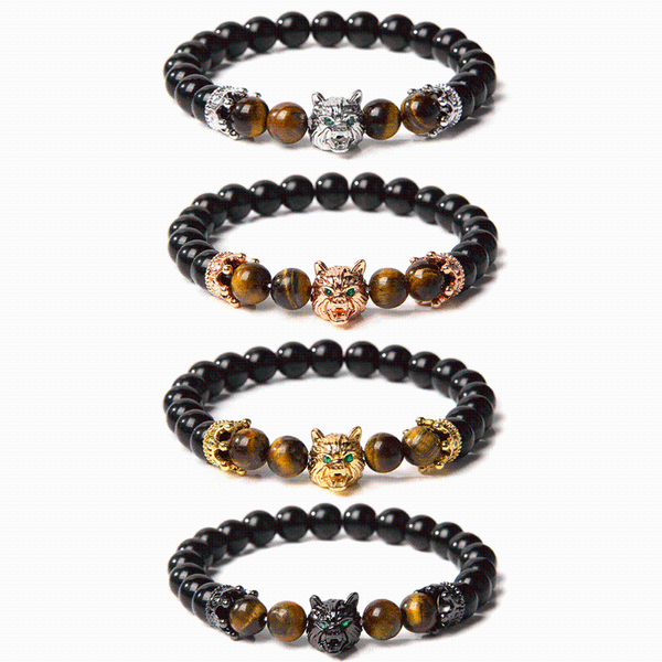 

beaded, strands natural tiger eye stone beads bracelets wolf head charm bangle 8 mm polished black onyx agat crown pendant pulsera women jew
