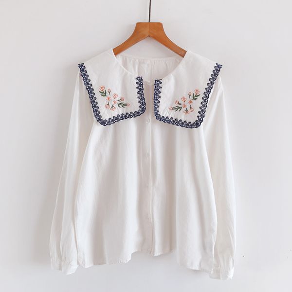 

women's blouses & shirts lamtrip rustic flowers embroidery single breasted cotton long sleeve shirt blouse 2021 spring 417r, White