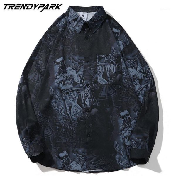 

men's casual shirts streetwear hip hop ink jellyfish tie-dye print shirt fashion harajuku loose long sleeve blouse button, White;black