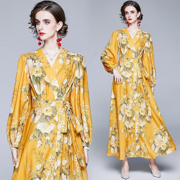 

casual dresses elegant vintage women floral slim tunic maxi dress office lady v-neck long sleeve party clothing yellow, Black;gray