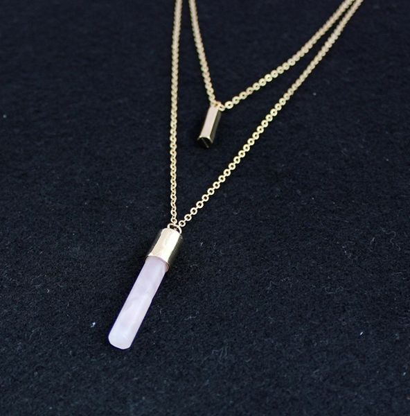 

exquisite handmade pink crystal stone polishing metal druzy natural stone rose quartz double-deck necklaces, Silver