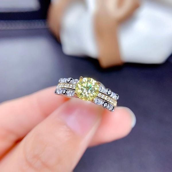 

cluster rings silver 925 original 1 yellow diamond test past moissanite ring for women round brilliant cut gemstone wedding jewelry, Golden;silver