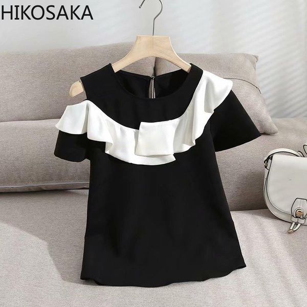 

women's blouses & shirts o neck ruffles contrast color patchwork women off shoulder short sleeve loose casual 2021 summer chic blusas, White