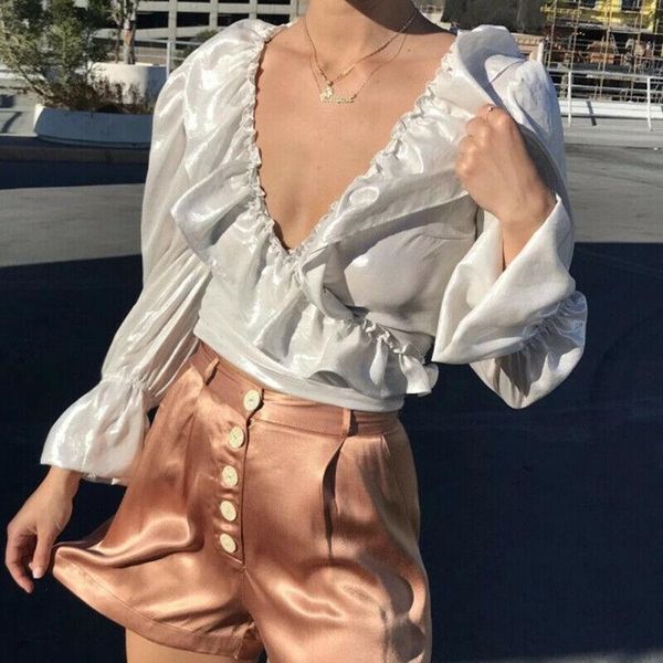 

women's t-shirt women summer glossy v-neck ruffle casual corrugated long sleeve cropped bow fashion high street t-shirts, White