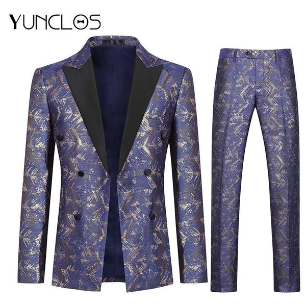 

men's suits & blazers euro size suit geometric gold line 2 pieces jacket is the same color as pant wedding party double-breasted coat, White;black
