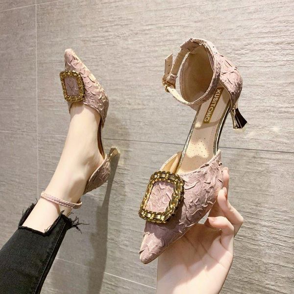 

sandals velvet shoes luxury summer heels 2021 women's all-match buckle strap suit female beige suede fashion stiletto girls rhin, Black