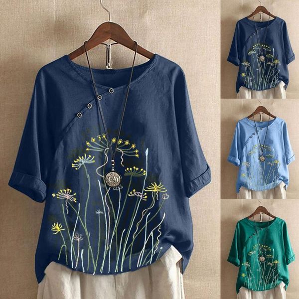 

women's blouses & shirts floral printed blouse women casual plus size o-neck loose button tunic shirt streetwear female clothing, White