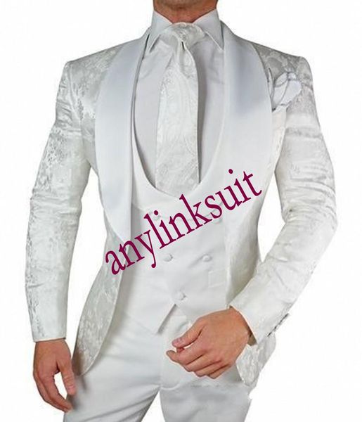 Последний дизайн One Button White Pattern Groom Tuxedos Shawle Oscel Свадьба / выпускной / ужин Женихные Мужские костюмы Blazer (Куртка + брюки + жилет + галстук) W1320